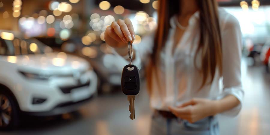 女性が車のキーを持っている写真